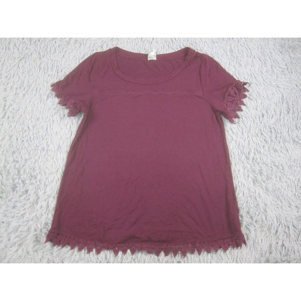 Cover Stitched Shirt Womens XL‎ Burgundy Lace Trim Short Sleeve Rayon Top